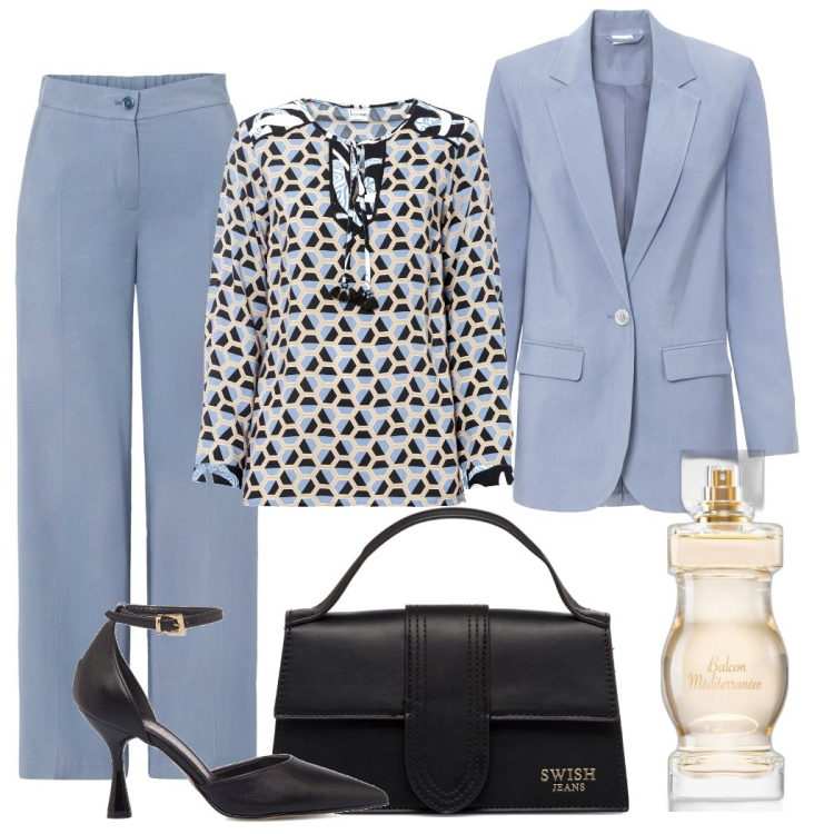 Outfit donna - Cerimonia. Stile Bon Ton per Cerimonia. Abbinamento con blazer, bluse, pantaloni a palazzo, profumi, décolleté, borse a mano.