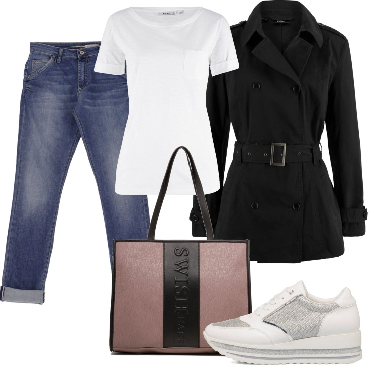 Outfit donna - Sportivo elegante versatile. Stile Casual chic per Tutti i giorni. Abbinamento con t-shirt, trench, jeans boyfriend, sneakers, borse a spalla.