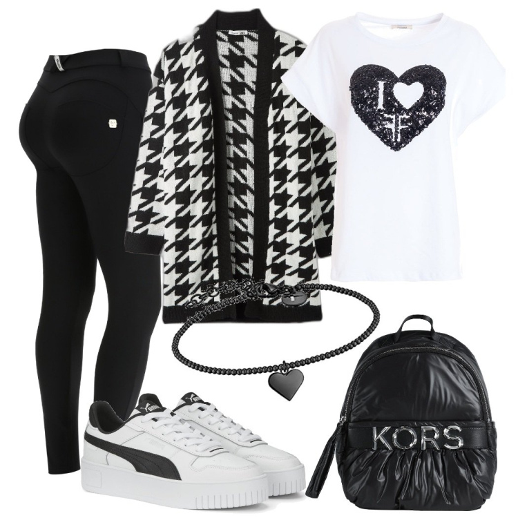 Outfit donna - Università. Stile Basic per Scuola/Università. Abbinamento con zaini, cardigans, t-shirt, pantaloni, sneakers, braccialetti.