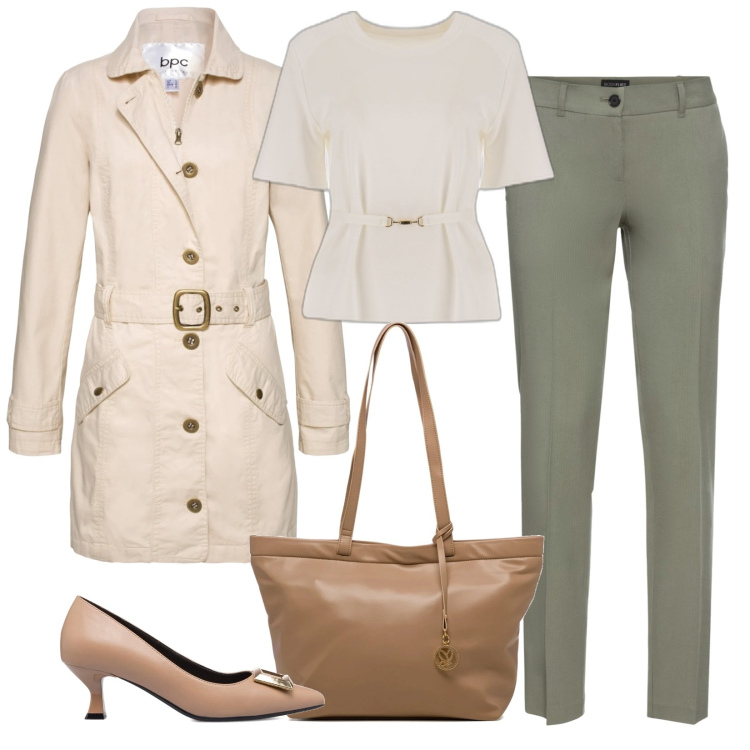 Outfit donna - In ufficio. Stile Casual chic per Ufficio. Abbinamento con pantaloni, trench, t-shirt, borse a spalla, décolleté.