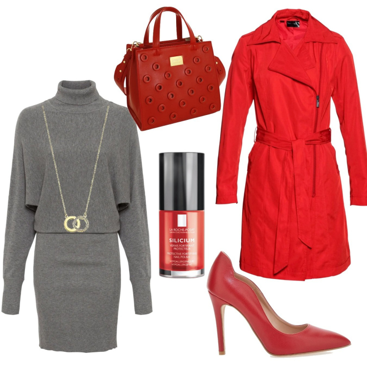 Outfit donna - Il trench rosso. Stile Chic per Ufficio. Abbinamento con vestiti, trench, smalti, collane, décolleté, borse a mano.