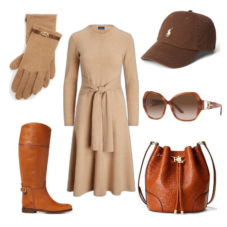 Outfit donna - Trandy Casual. Stile Trendy per Tutti i giorni. Abbinamento con cappelli, vestiti, occhiali da sole, borse a secchiello, guanti, stivali.