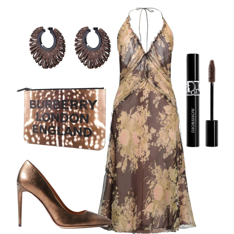 Outfit donna - Serata. Stile Chic per Serata fuori. Abbinamento con vestiti midi/longuette, borse a mano, mascara, décolleté, orecchini.