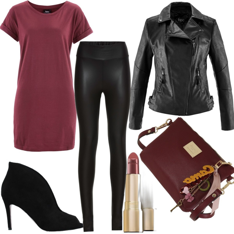 Outfit donna - Rosso corposo. Stile Basic per Serata fuori. Abbinamento con t-shirt, treggings, blazer, stivaletti, rossetti, borse a tracolla.