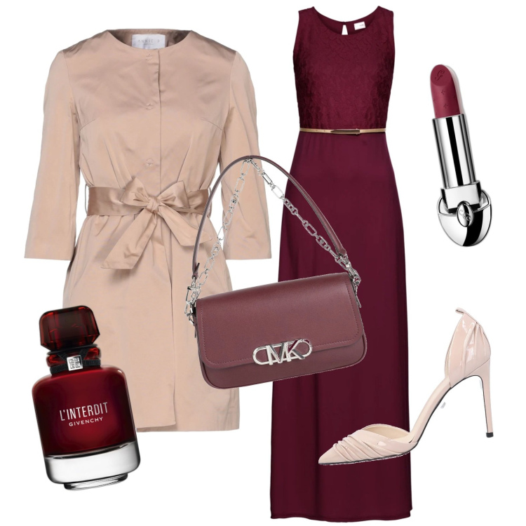 Outfit donna - È tempo di vendemmia: rosso borgogna. Stile Chic per Serata fuori. Abbinamento con vestiti lunghi, borse a mano, cappotti, décolleté, profumi, rossetti.