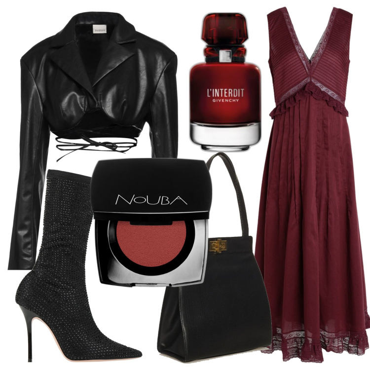 Outfit donna - Buio buio buio. Stile Glamour per Serata fuori. Abbinamento con vestiti lunghi, stivali, blazer, borse a spalla, blush, profumi.