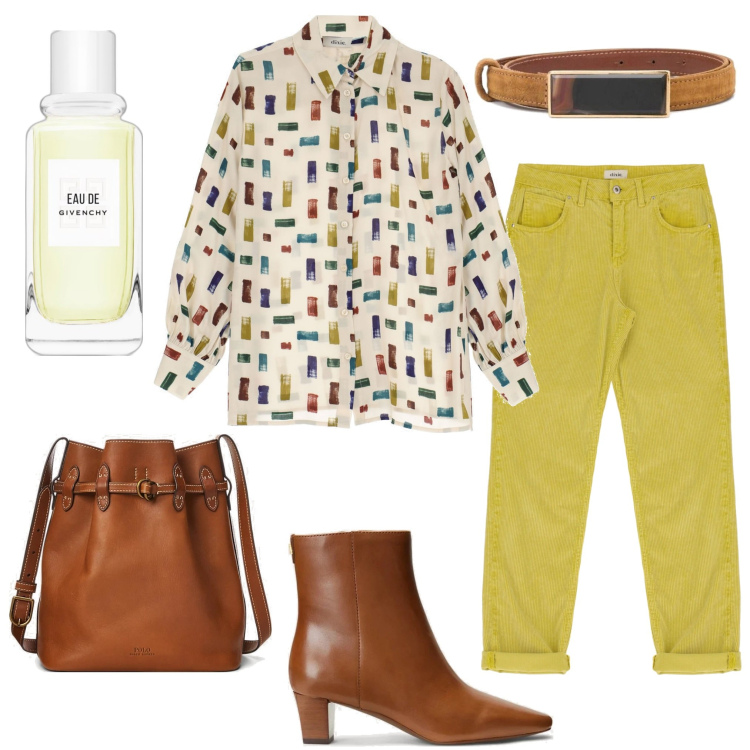 Outfit donna - Total look #1712883. Stile Casual chic per Tutti i giorni. Abbinamento con cinture, profumi, camicie, pantaloni, stivaletti, borse a secchiello.