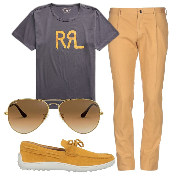 Outfit uomo - Rrl. Stile Casual per Ufficio. Abbinamento con scarpe stringate, pantaloni, t-shirt, occhiali da sole.