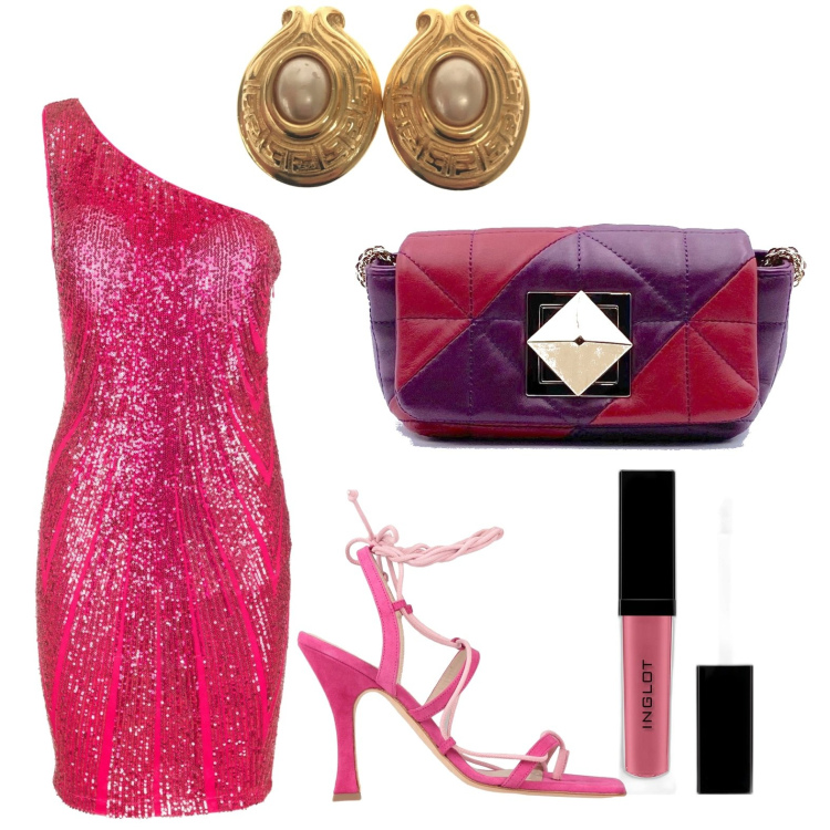 Outfit donna - Rose\'. Stile Chic per Serata fuori. Abbinamento con borse a tracolla, infradito, orecchini, rossetti, vestiti asimmetrici.