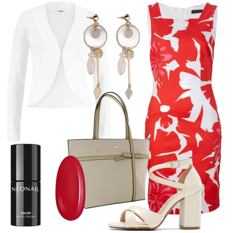 Outfit donna - Fashion & Wine Corvo. Stile Casual chic per Ufficio. Abbinamento con orecchini, vestiti a tubino, blazer, sandali col tacco, smalti, shopping bag.