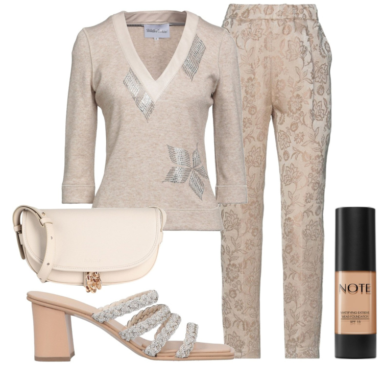 Outfit donna - Champagne. Stile Casual chic per Serata fuori. Abbinamento con pantaloni, pullovers, sandali col tacco, borse a spalla, fondotinta.