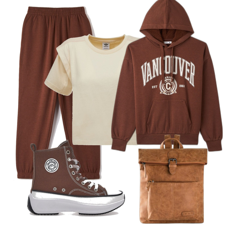 Outfit donna - Tuta felpata Terranova. Stile Sporty chic per Tutti i giorni. Abbinamento con zaini, pantaloni, felpe con cappuccio, sneakers, t-shirt.