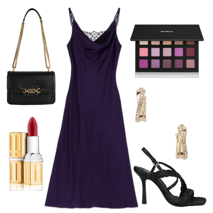 Outfit donna - Serata estiva in viola. Stile Chic per Serata fuori. Abbinamento con borse a spalla, sandali in pelle, ombretti, rossetti, vestiti midi/longuette, orecchini.