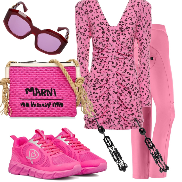 Outfit donna - In tenuta comoda. Stile Casual per Tutti i giorni. Abbinamento con pantaloni, orecchini, scarpe sportive, vestiti midi/longuette, borse a spalla, occhiali da sole.