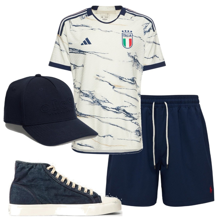 Outfit uomo - Forza Italia. Stile Casual per Sport. Abbinamento con sneakers, cappelli con visiera, t-shirt, shorts.