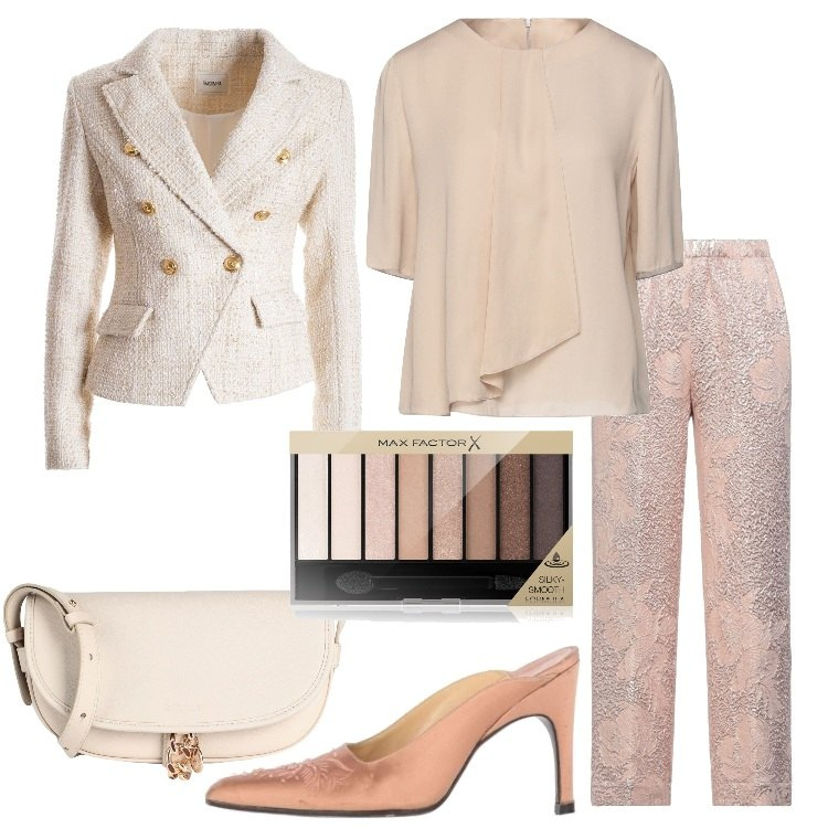 Outfit donna - Fashion & Wine serata frizzante. Stile Chic per Serata fuori. Abbinamento con bluse, pantaloni, décolleté, borse a spalla, ombretti, blazer.