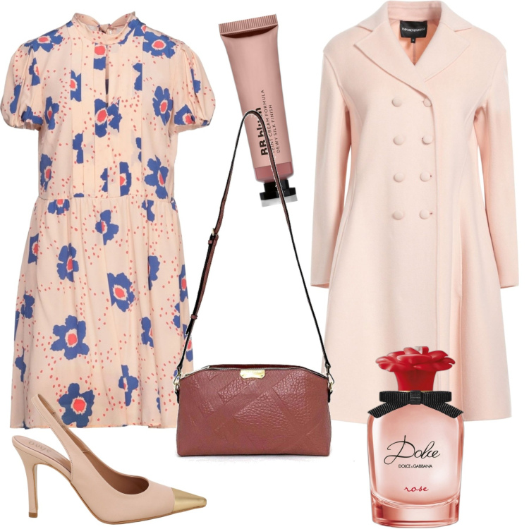 Outfit donna - Rose\' style. Stile Chic per Cerimonia. Abbinamento con cappotti, borse a spalla, vestiti corti, profumi, blush, décolleté.