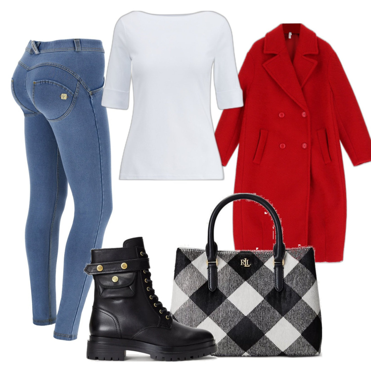 Outfit donna - Autunno trendy. Stile Trendy per Tutti i giorni. Abbinamento con cappotti, jeggings, stivaletti, t-shirt, borse a mano.