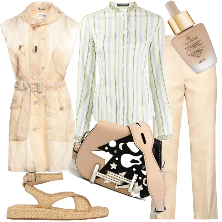 Outfit donna - Soave. Stile Casual per Tutti i giorni. Abbinamento con cappotti, espadrillas, borse a spalla, pantaloni, camicie, fondotinta.