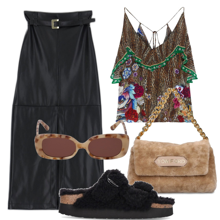 Outfit donna - Birke e borsa fur. Stile Chic per Tutti i giorni. Abbinamento con top, gonne lunghe, borse a mano, occhiali da sole, sandali.