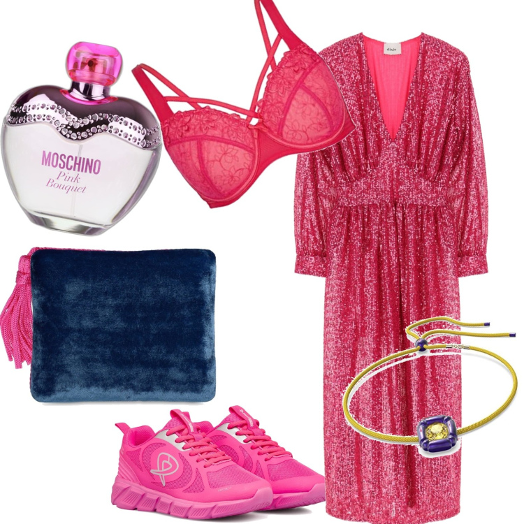 Outfit donna - Sera sporty chic. Stile Sporty chic per Serata fuori. Abbinamento con profumi, vestiti lunghi, scarpe sportive, collane, reggiseni, pochette.