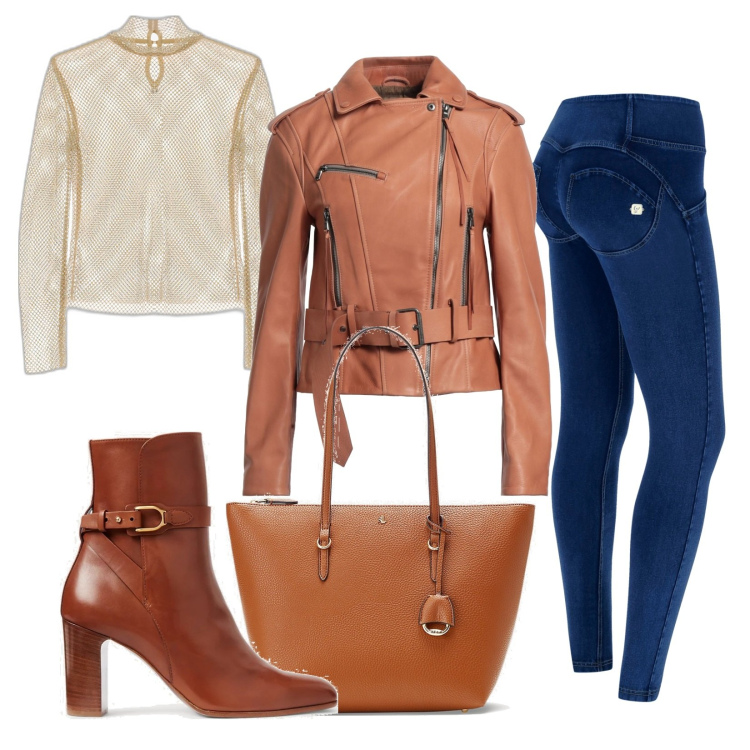 Outfit donna - Serata autunnale. Stile Trendy per Serata fuori. Abbinamento con giacche, jeggings, borse tote, stivaletti, maglieria.