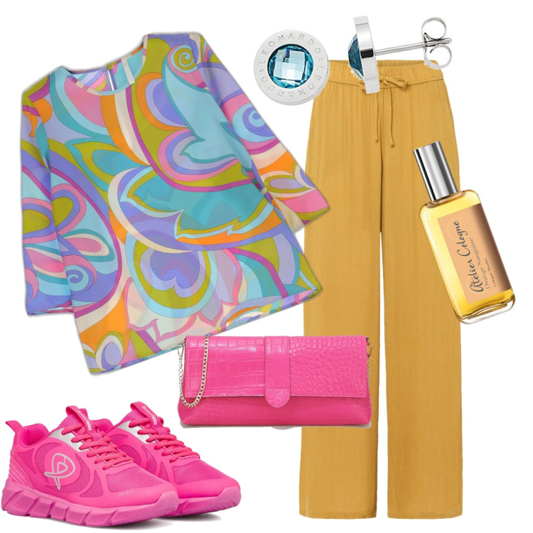 Outfit donna - Tempo libero. Stile Sporty chic per Tutti i giorni. Abbinamento con pantaloni, profumi, maglieria, pochette, scarpe sportive, orecchini.