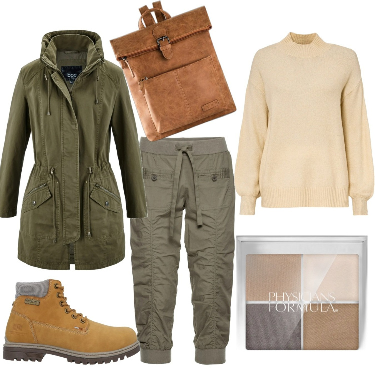 Outfit donna - Muller Thurgau. Stile Casual per Tutti i giorni. Abbinamento con parka, pantaloni capri, zaini, maglieria, stivaletti, ombretti.