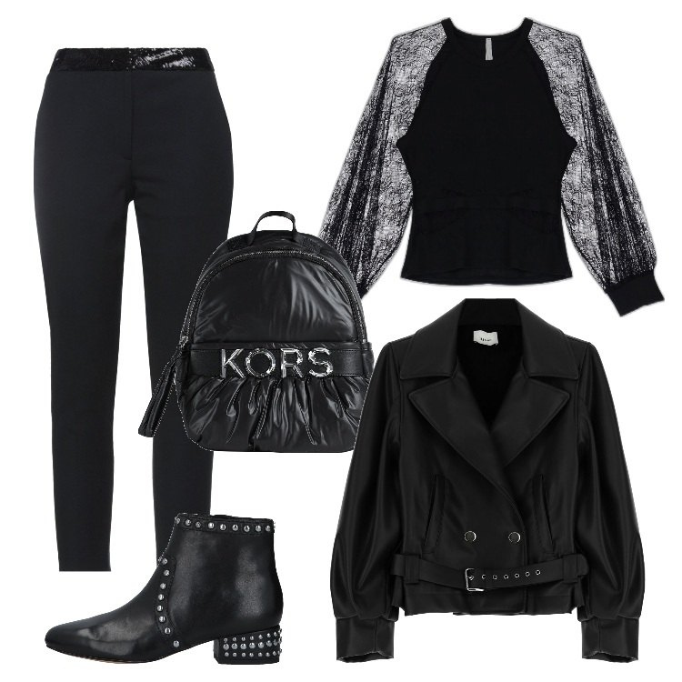 Outfit donna - Total look #1713038. Stile Rock per Serata fuori. Abbinamento con zaini, stivaletti, pantaloni skinny, maglieria, giacche.