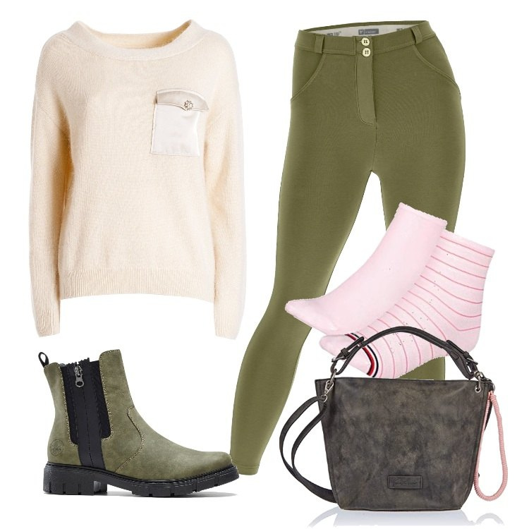Outfit donna - Total look #1713040. Stile Military per Scuola/Università. Abbinamento con stivaletti, maglieria, pantaloni skinny, ciondoli, calzini.