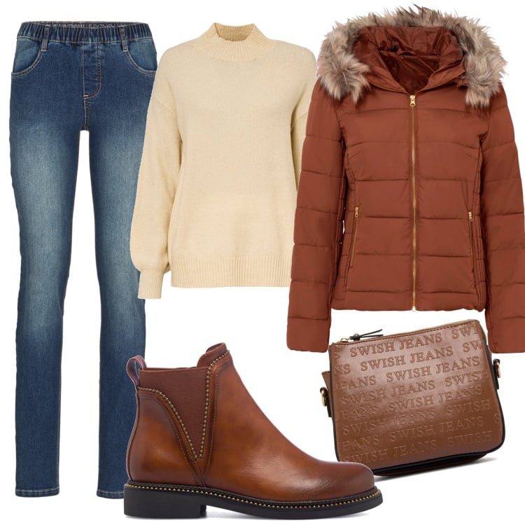 Outfit donna - Stivaletti con piccole borchie. Stile Casual per Tutti i giorni. Abbinamento con giacche, jeggings, maglieria, stivaletti, borse a tracolla.