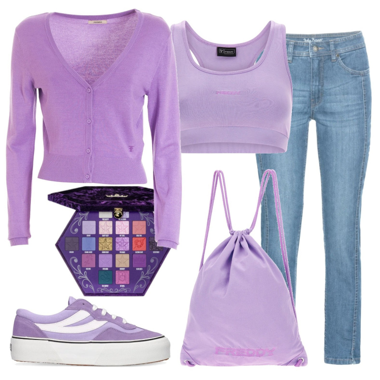 Outfit donna - Tripudio di glicine. Stile Casual per Tutti i giorni. Abbinamento con jeans, ombretti, cardigans, zaini, top sportivi, sneakers.