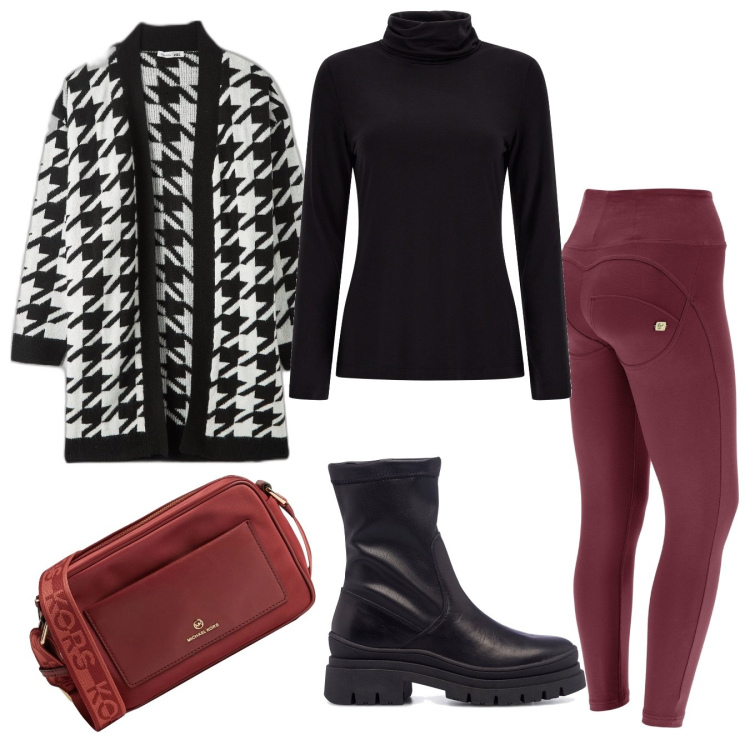 Outfit donna - Passeggiando per la città. Stile Glamour per Tutti i giorni. Abbinamento con borse a tracolla, cardigans, pantaloni skinny, maglieria, stivaletti.