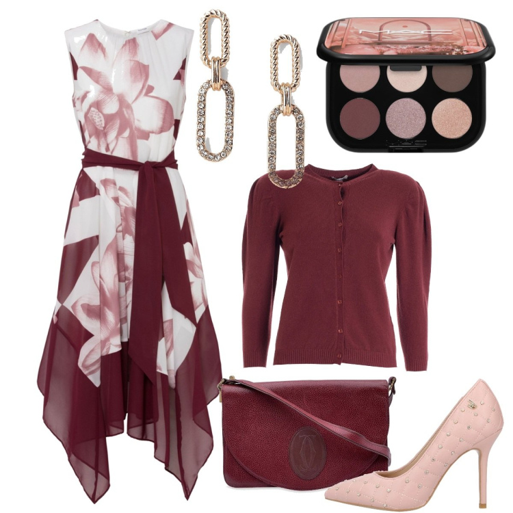 Outfit donna - Rosso rubino del Cerasuolo. Stile Chic per Serata fuori. Abbinamento con vestiti, décolleté, borse a spalla, ombretti, cardigans, orecchini.