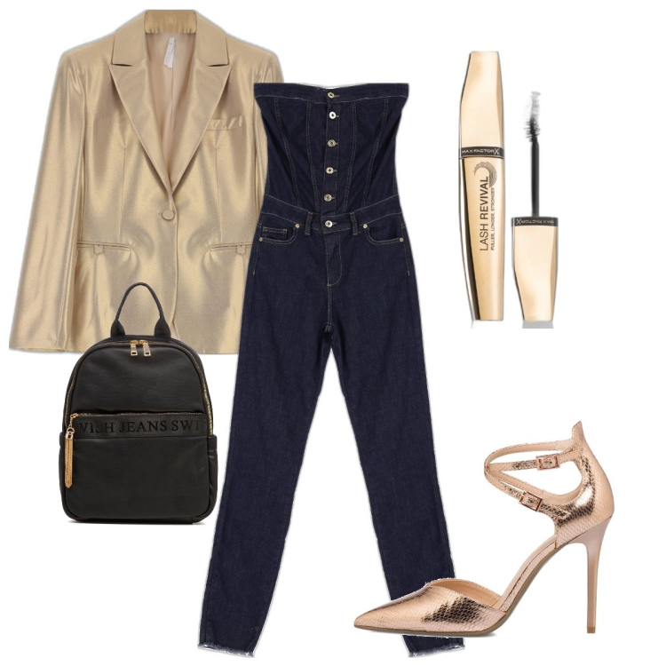 Outfit donna - La tuta trendy-glam. Stile Trendy per Serata fuori. Abbinamento con mascara, salopette, giacche, décolleté, zaini.