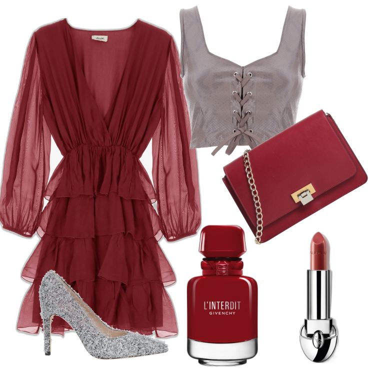 Outfit donna - Morellino di scansano. Stile Chic per Serata fuori. Abbinamento con décolleté, borse a tracolla, profumi, rossetti, bretelle, vestiti corti.