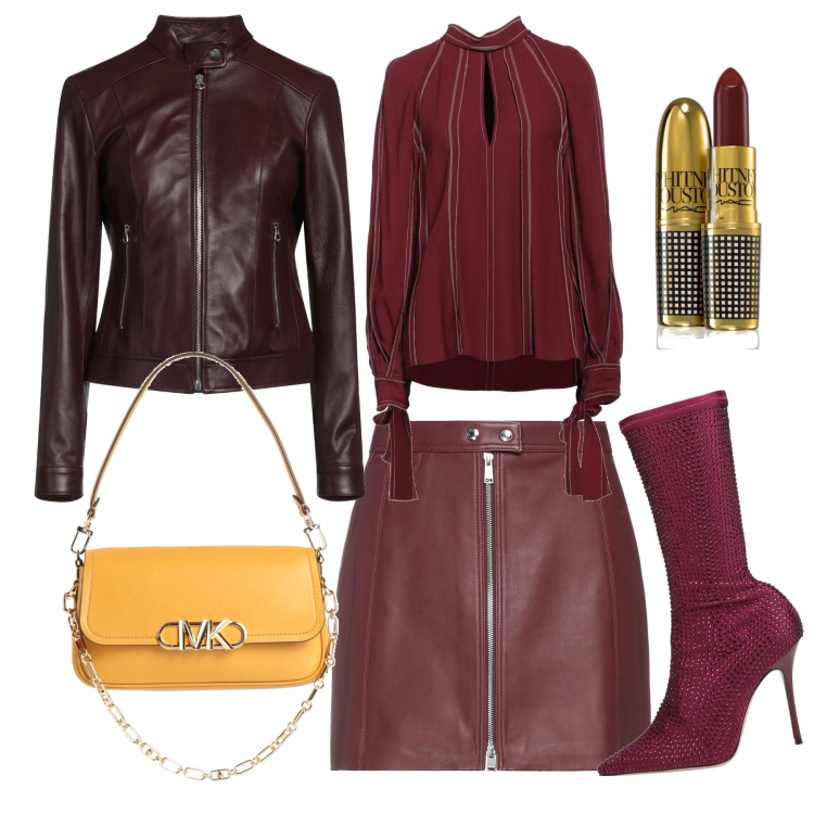 Outfit donna - Borgogna what else?. Stile Glamour per Serata fuori. Abbinamento con stivali, giacche, bluse, minigonne, borse a mano, rossetti.
