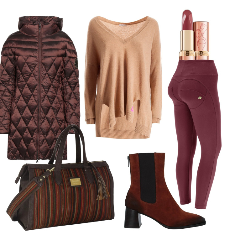 Outfit donna - Vinaccia e champagne. Stile Casual chic per Ufficio. Abbinamento con piumini, stivaletti, rossetti, maglieria, pantaloni skinny, borse a mano.