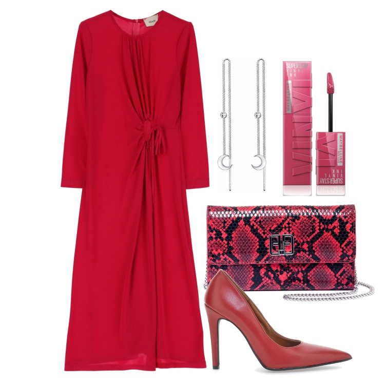 Outfit donna - Ghost outfitter - settembre. Stile Glamour per Serata fuori. Abbinamento con rossetti, pochette, vestiti lunghi, orecchini, décolleté.