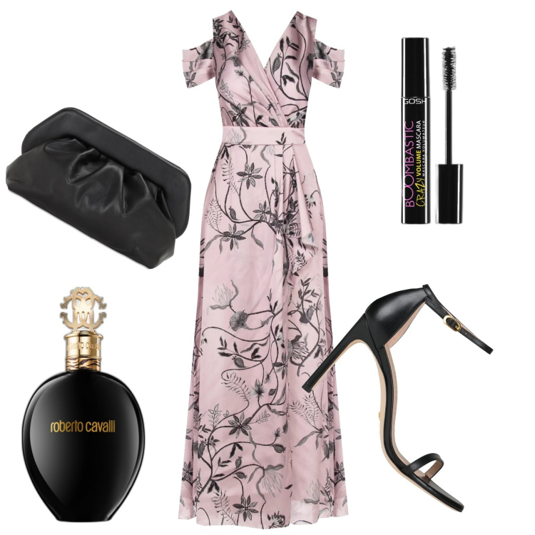 Outfit donna - Cerimonia di fine settembre. Stile Chic per Cerimonia. Abbinamento con sandali in pelle, profumi, mascara, vestiti lunghi, pochette.