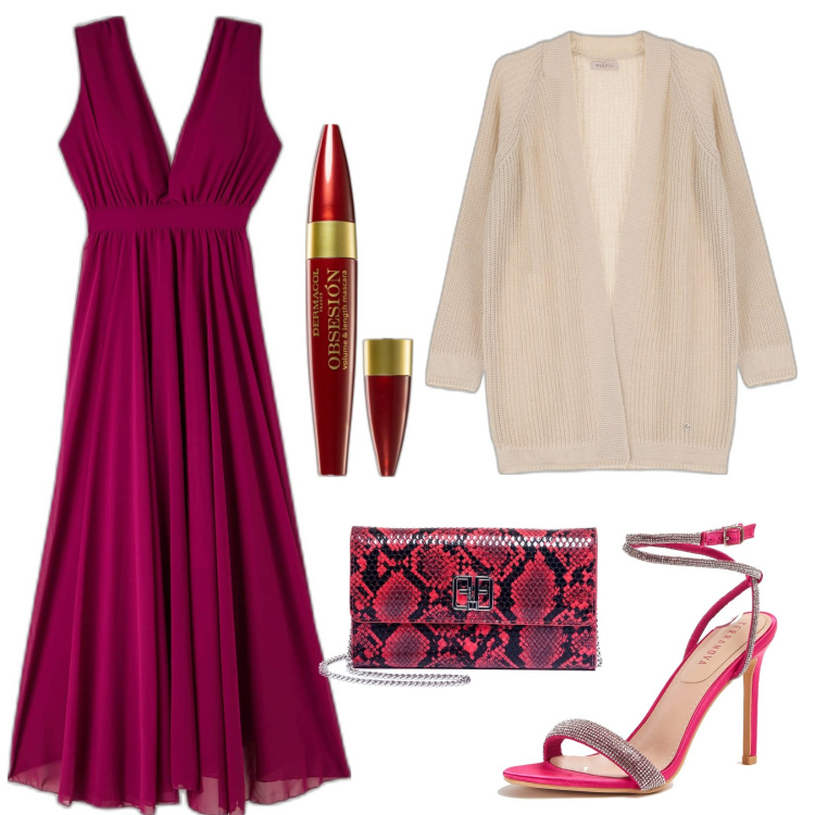 Outfit donna - Vin brulé. Stile Chic per Serata fuori. Abbinamento con mascara, vestiti, sandali col tacco, pochette, cardigans.