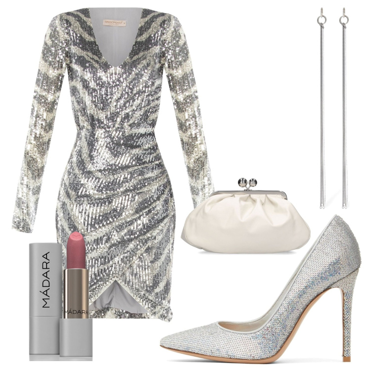 Outfit donna - Silver disco. Stile Glamour per Serata fuori. Abbinamento con rossetti, vestiti a tubino, décolleté, pochette, orecchini.