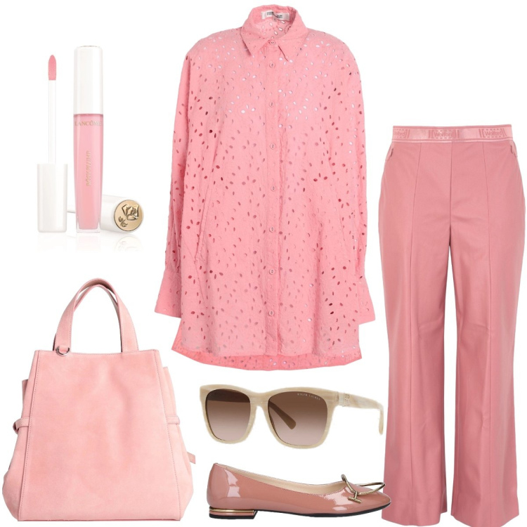 Outfit donna - Rosé frizzante. Stile Casual chic per Tutti i giorni. Abbinamento con borse a mano, camicie, pantaloni, ballerine, gloss, occhiali da sole.