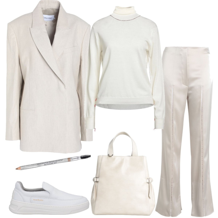 Outfit donna - Bianco ghiacciato. Stile Chic per Ufficio. Abbinamento con borse a mano, blazer, sneakers, pantaloni, maglieria, matite sopracciglia.