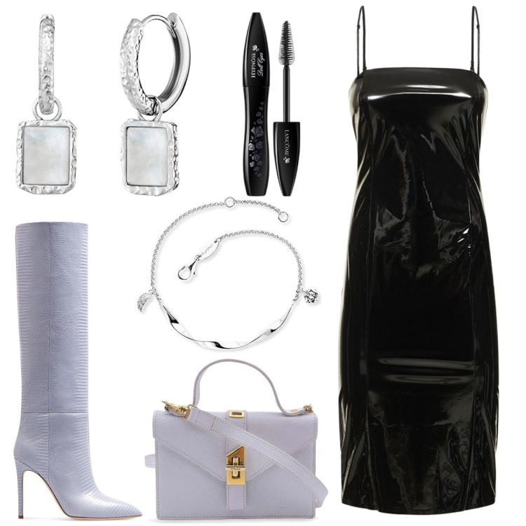 Outfit donna - Il tubino in vernice. Stile Trendy per Serata fuori. Abbinamento con borse a spalla, mascara, braccialetti, orecchini, stivali, vestiti midi/longuette.