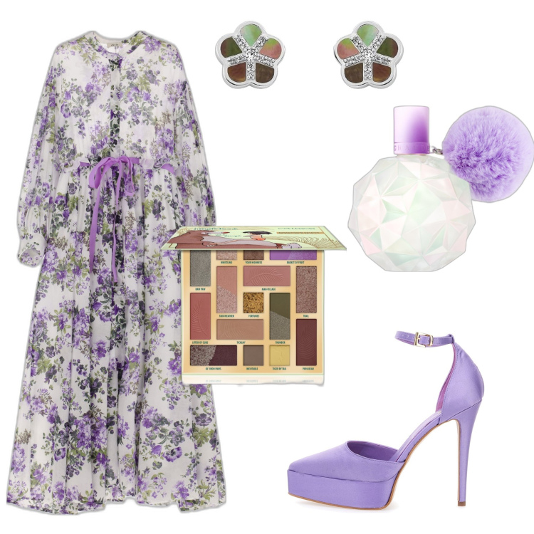 Outfit donna - Fiori lilla. Stile Romantica per Cerimonia. Abbinamento con profumi, ombretti, vestiti lunghi, orecchini, décolleté.