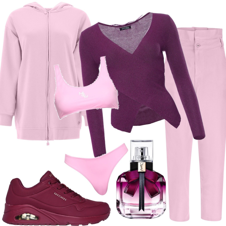 Outfit donna - Tempo libero. Stile Casual per Ufficio. Abbinamento con bikini, profumi, jeans, felpe con cappuccio, maglieria, sneakers.