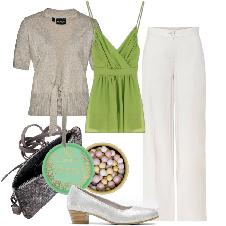 Outfit donna - Fresca ed elegante: Verdicchio di Jesi. Stile Chic per Ufficio. Abbinamento con cardigans, décolleté, pantaloni a palazzo, blush, canottiere, borse a mano.