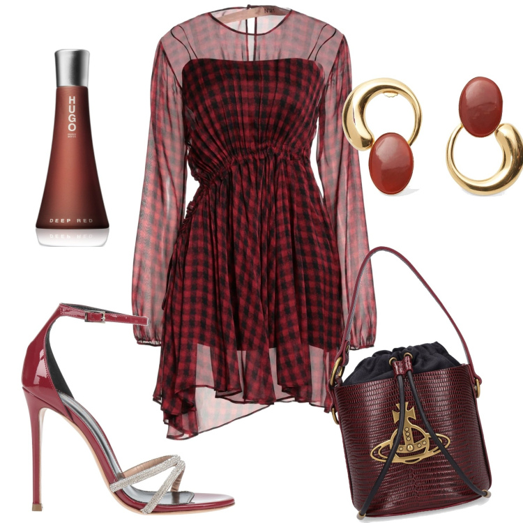 Outfit donna - Serata tra amiche Londra. Stile Glamour per Serata fuori. Abbinamento con vestiti corti, sandali in pelle, profumi, borse a secchiello, orecchini.