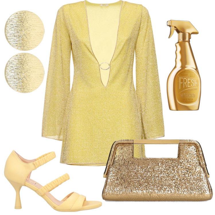 Outfit donna - Serata tra amiche a Milano. Stile Glamour per Serata fuori. Abbinamento con sandali in pelle, profumi, vestiti, orecchini, borse a mano.
